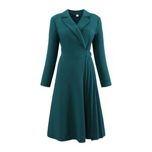 Wrap A-Line Pleated Midi Long Sleeve Dresses Green Blue